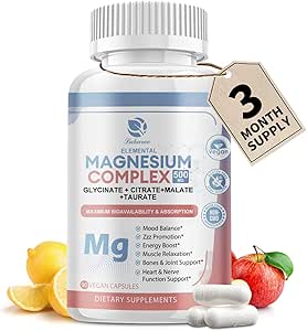 Magnesiumsupplement 500mg, Magnesium Glycinate, Malate, Taurate, Citrate Complex & Herbal Extracts, Hoge Absorptie Gecheld 90 Vegan Non-GMO Capsules voor Balanced Wellness and Relaxation