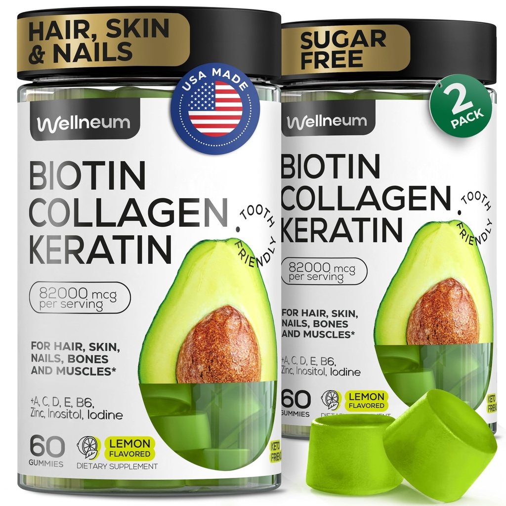 Biotine en Collageen Peptide Gummies voor haargroei, huid en nagels 120 stuks (2 Pack) - 82000 Mcg - Biotin kauwtabletten met Keratine Max kracht - Beauty Gummies voor vrouwen en mannen - Suikervrij, Non-GMO
