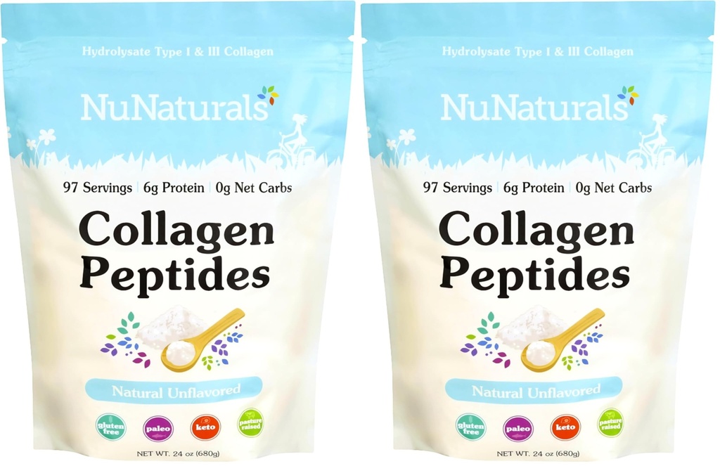 Nunaturals Collagen Peptides Powder (Type I, III), for Skin, Hair and Nail, 24oz (Pack of 2)