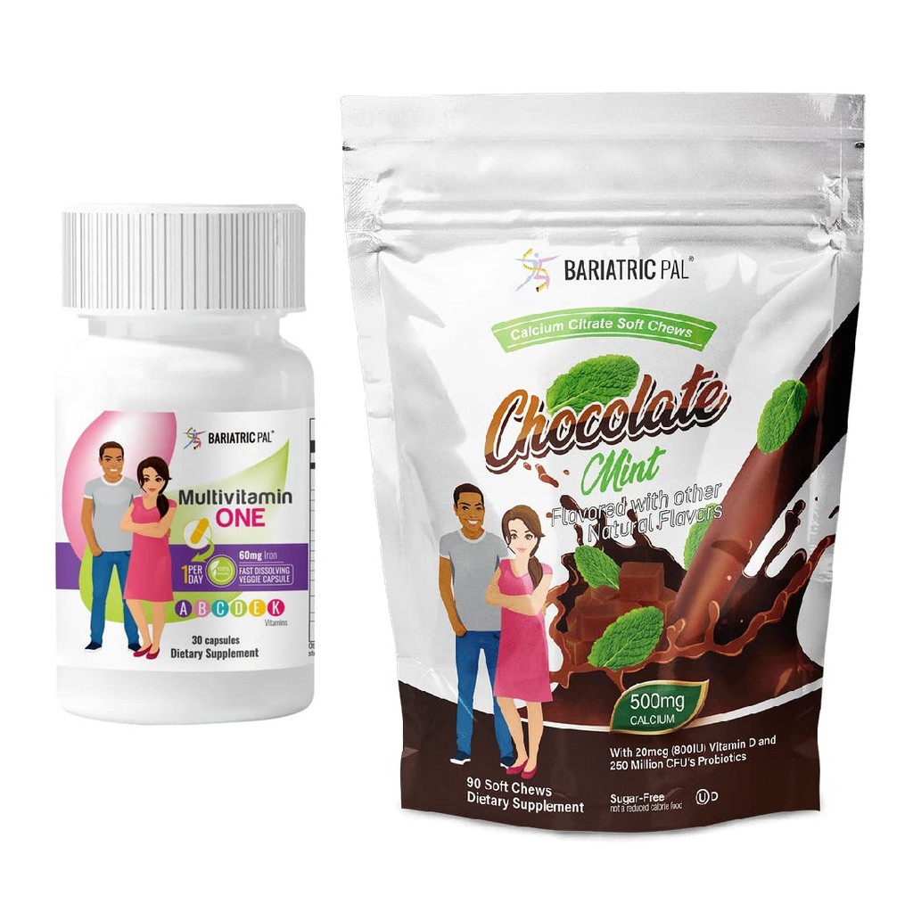 BariatricPal 30-Day Bariatric Vitamin Bundle (Multivitamin ONE 1 per Day! Capsule with 60mg Iron and Calcium Citrate Soft Chews 500mg with Probiotics - Chocolate Mint)