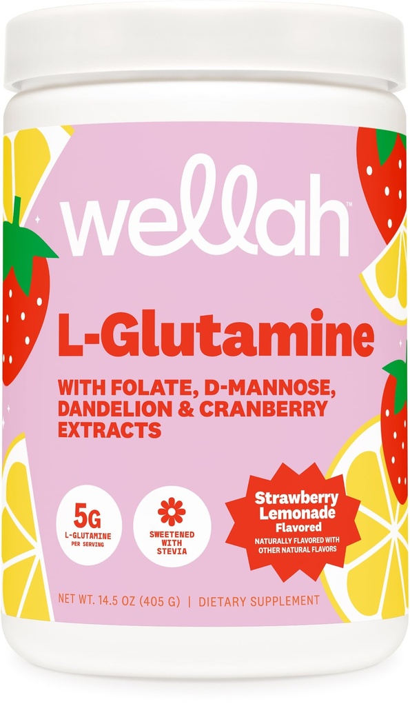 Wellah L-Glutamine Aardbei Limonade Flavored (50 Servings) - 5g L-Glutamine Per Serving, Gezoet met Stevia