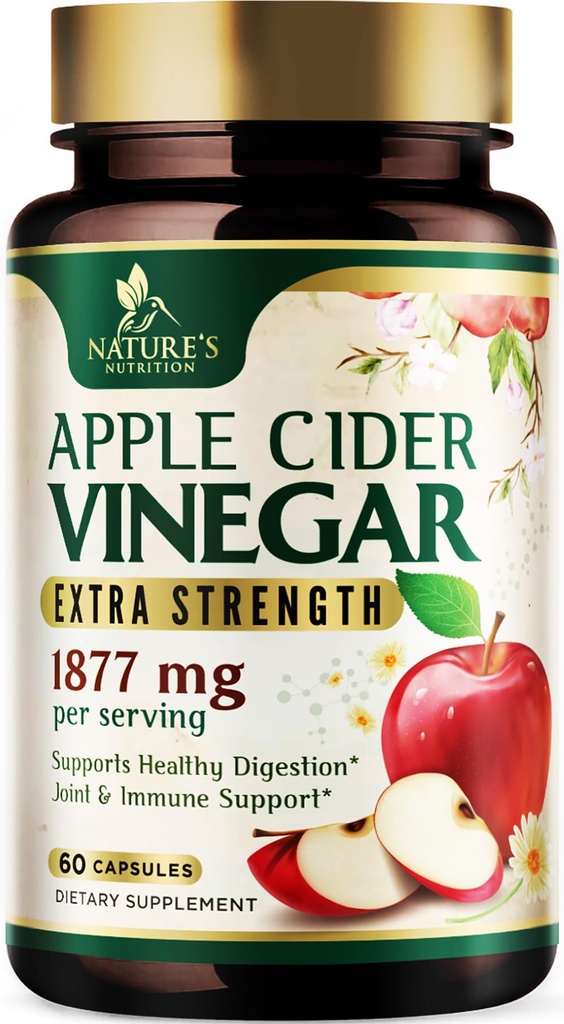 Apple Cider Vinegar Capsules 1877mg - Extra sterkte Detox & Cleanse met vitamine D & Zink - Premium ACV Pillen met gezamenlijke natuurlijke spijsvertering en immuunondersteuning - Vegetarisch supplement - 60 capsules