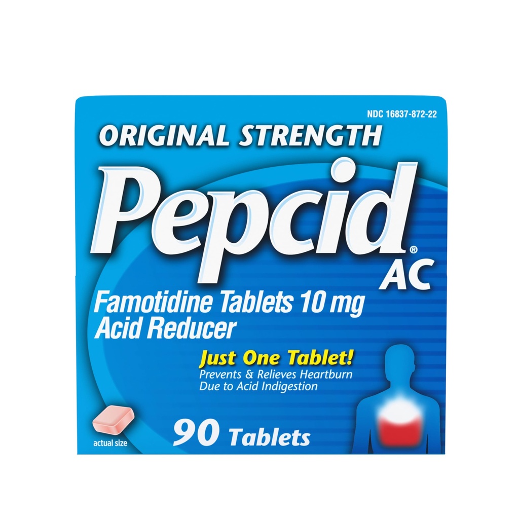 Pepcid AC D'origine Strength Heartburn Comprimés de soulagement, la médecine OTC prévient et soulage les brûlures d'estomac dues à l'indigestion acide et à l'estomac acide, 10mg Réducteur d'acide famotidine, action rapide, 90 ct