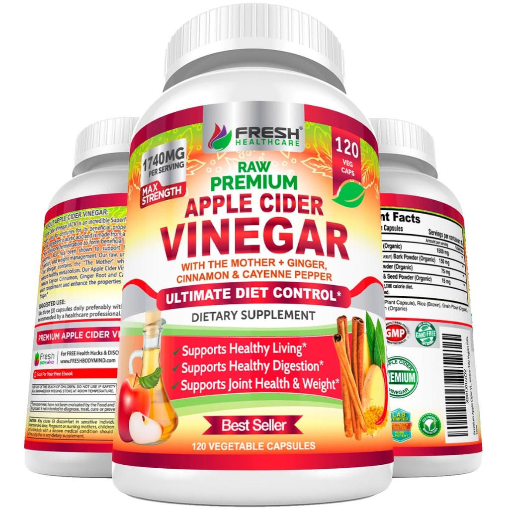 FRESH HEALTHCARE Apple Cider Vinegar Capsules with The Mother - 1740mg Non-GMO Gluten Free ACV Complex with Ceylon Cinnamon, Ginger & Cayenne for Digestion Support & Healthy Living - 120 Vegan Pills
