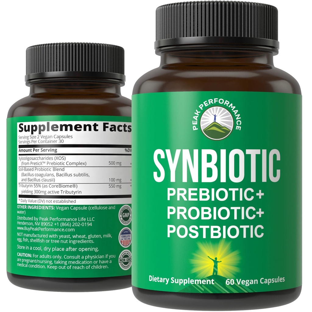 Synbiotic = Prebiotic + Probiotic + Postbiotic 3-in-1 Supplement with Clinically Tested Ingredients - Pre and Probiotics Plus Important Tributyrin CoreBiome for Gut - 60 Vegan Capsules for Women + Men