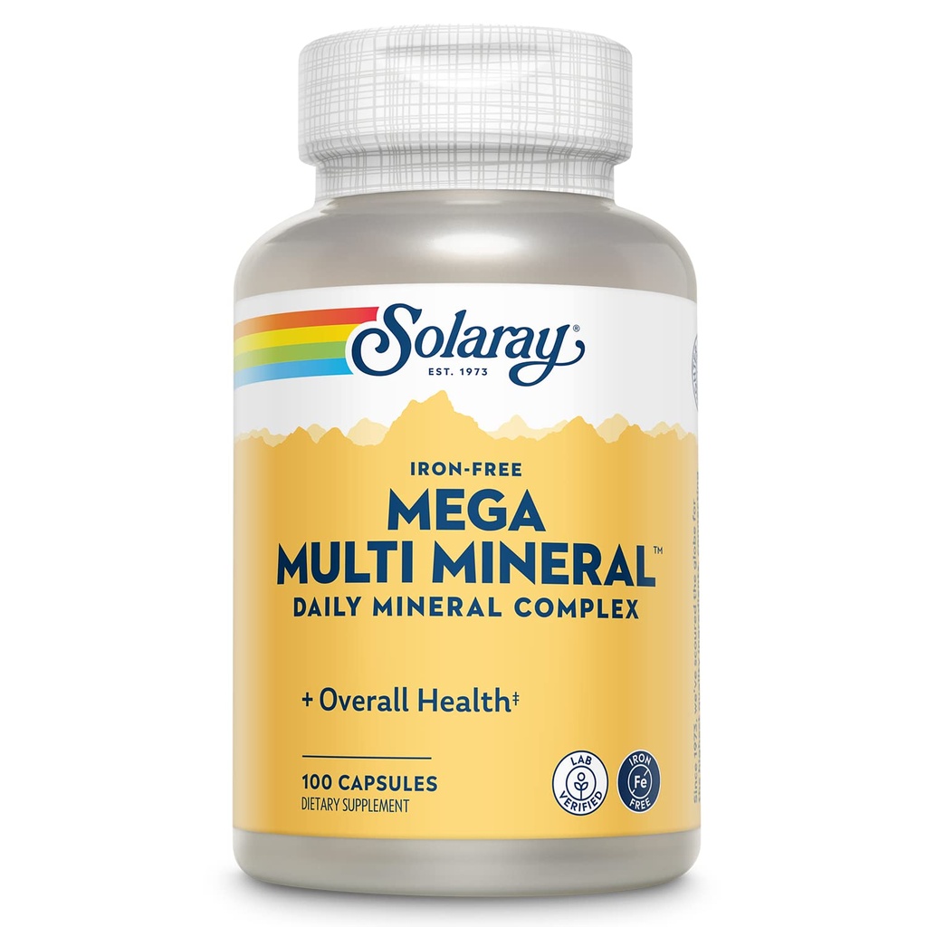 SOLARAY Mega Multi Mineral, sans fer - Supplément minéral quotidien avec/Trace Minerals, Electrolytes, Calcium, Magnésium, Zinc, Sélénium, Boron - Énergie cellulaire, Soutien immunitaire, Garantie de 60 jours, 25 Serv