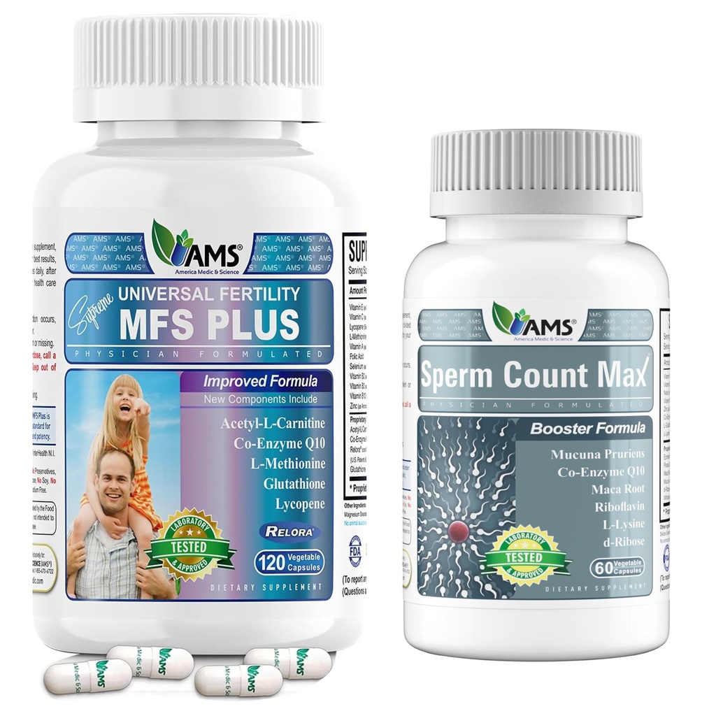 America Medic & Science MFS Plus (120 Capsules) and Sperm Count Max Supplement (60 Capsules) |Fertility Supplements for Men