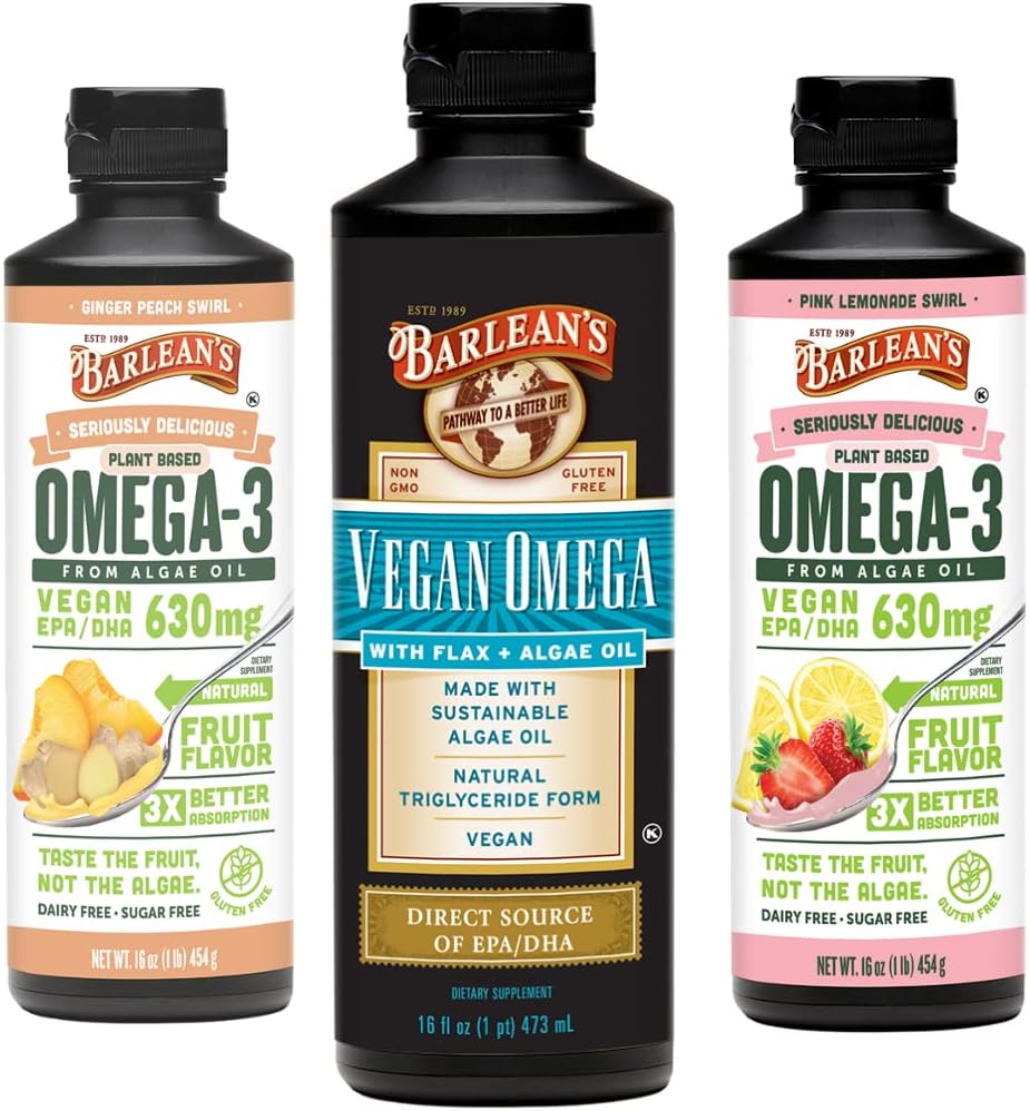 Barleans Vegan Omega 3 Algenolie Liquid Supplement Bundle, Inclusief Vlaszaad en Algenolie Blend, Ginger Peach, en Pink Limonade Smaken, EPA en DHA vetzuren