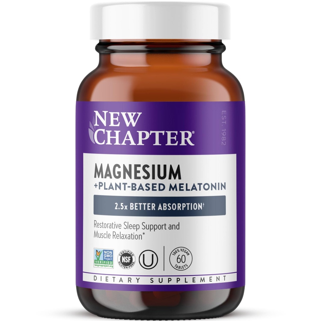 New Chapter Magnesium + Plant-Based Melatonin Supplement, with 2.5X Better Absorption Magnesium Glycinate & Non-GMO Melatonin 1 mg from Tomato – Sleep Aid & Muscle Relaxation* - 60 Tablets