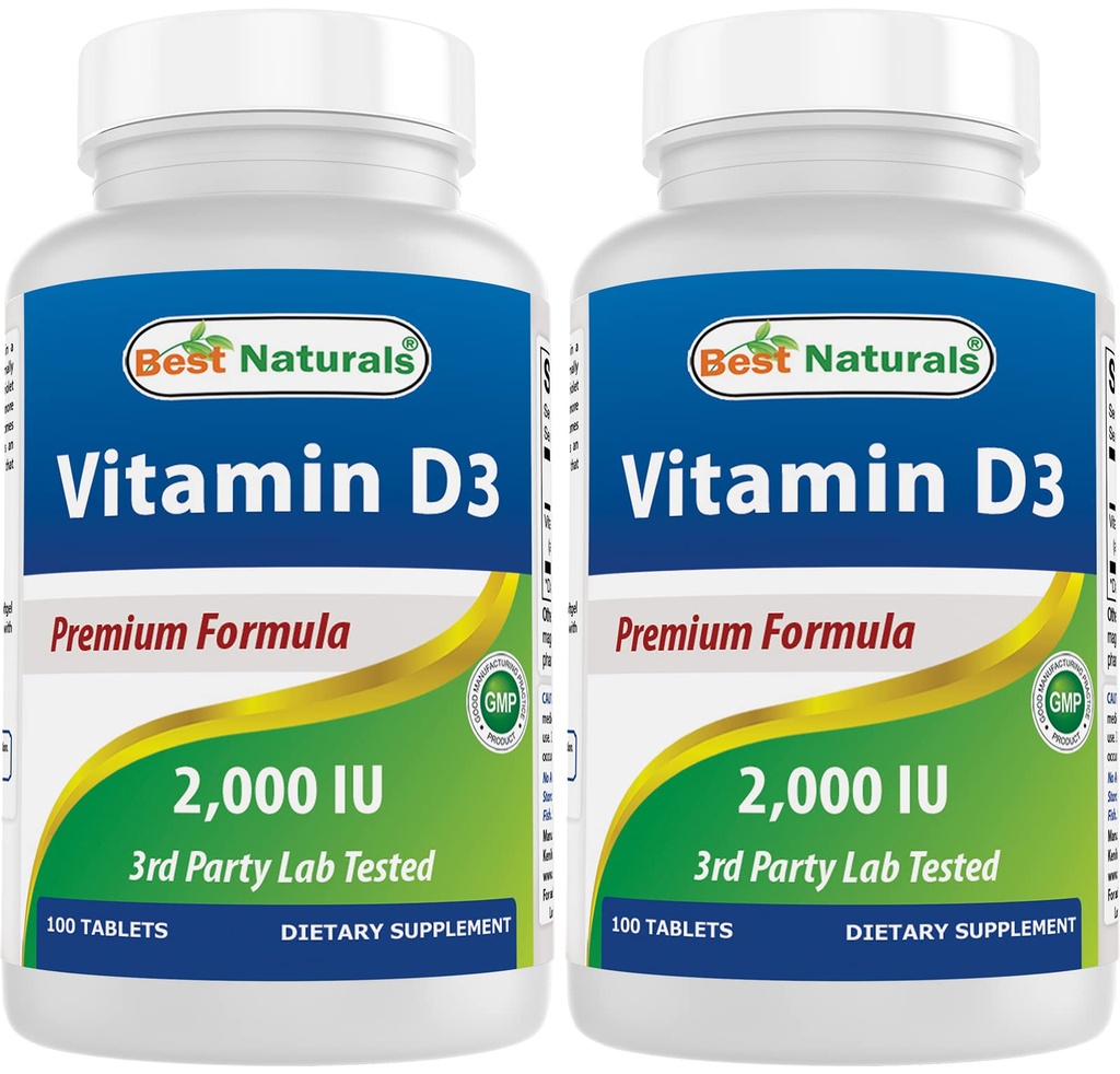 Best Naturals Vitamin D3 2000 IU (50 mcg) - 100 Tablets - 100 Days Supply - Helps Support Immune Health, Strong Bones and Teeth, & Muscle Function (100 Count (Pack of 2))