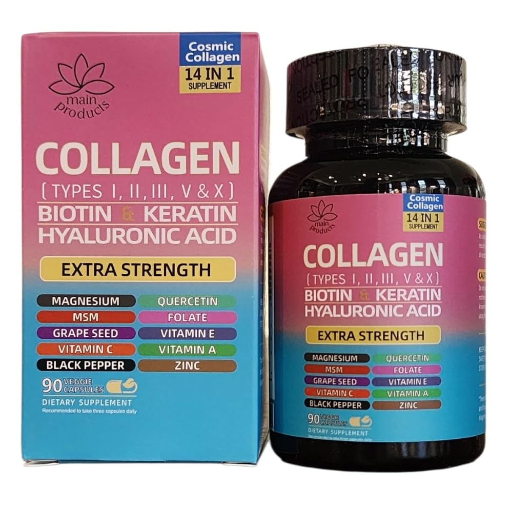 Collagen Peptides Types I, II, III, V & X, 64000 MCG, 14 in 1, Biotin, Keratin, Hyaluronic Acid, Magnesium, MSM, Grape Seed, Vitamin A C & E, Black Pepper, Quercetin, Folate, Zinc (90 Veggie Caps)