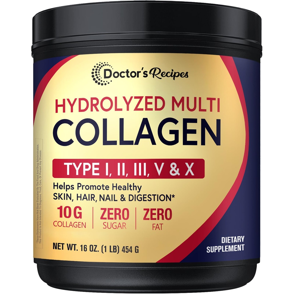 Doctor's Recipes Multi Collagen Peptides Powder for Women & Men, Grass-Fed Bovine Hydrolyzed Protein Type I II III V X, for Skin, Hair, Nails, Unflavored, Easy to Dissolve, Paleo & Keto, 16oz