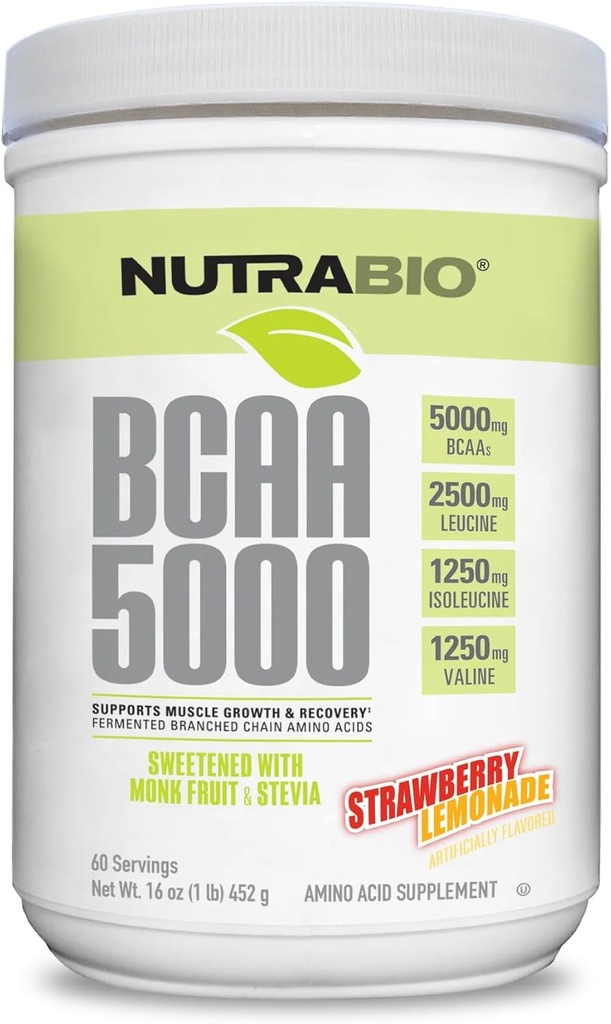 NutraBio BCAA 5000 Powder - Gefermenteerd vertakte Aminozuren voor Spiergroei en Herstel - Natuurlijke smaken, Zoetstoffen en Kleurstoffen, Veganistisch, Glutenvrij - Aardbei Limonade, 60 porties