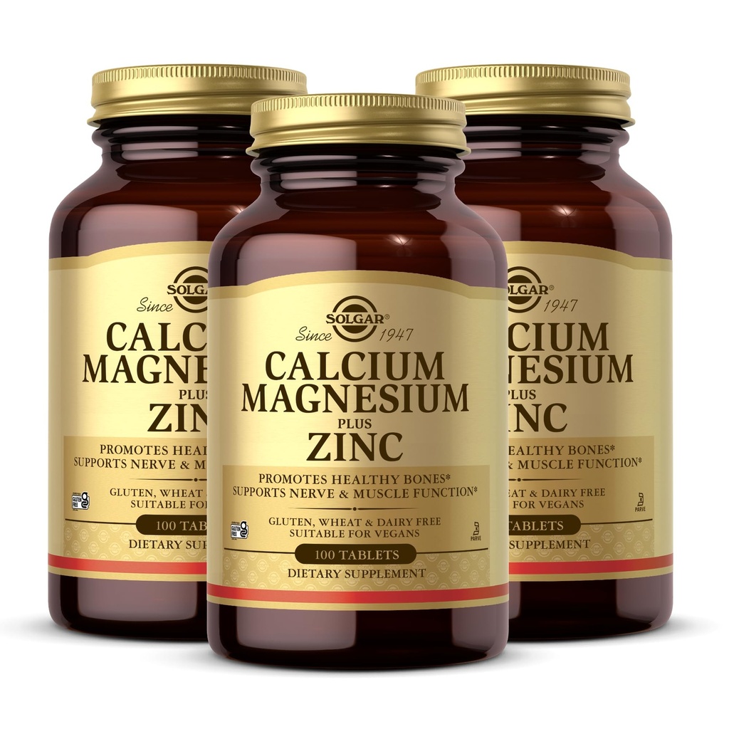 Solgar Calcium Magnesium Plus Zink, 100 tabletten (verpakking van 3) - Bevordert gezonde botten en tanden - Ondersteunt zenuw- en spierfunctie - Non-GMO, Veganist, Glutenvrij, Zuivelvrij, Kosjer - 100 totale porties