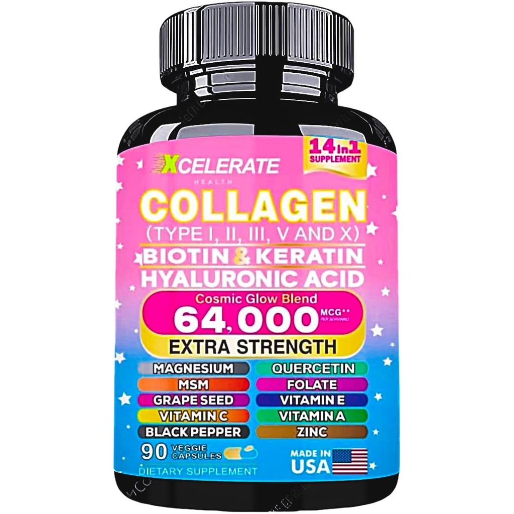 14 In 1 Collagen Supplement - Peptides Types l II III V X Biotin Keratin Hyaluronic Acid Folate Zinc Quercetin Apple Cider Vinegar Magnesium Grape Seed Extract Hair Skin Nail Health Support - 90 CAPS