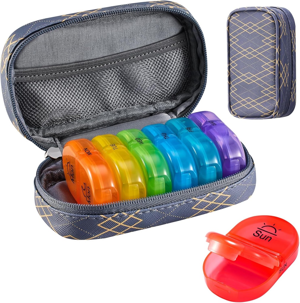 Serfeymi Weekly Travel Pill Organizer 2 keer Een dag AM PM Geüpgraded Regenboog Pill Box 7 dag met Portable Zipper PU leren pil Case, Medicine Organizer voor pillen, Vitaminen, Visolie - Lijnen 01