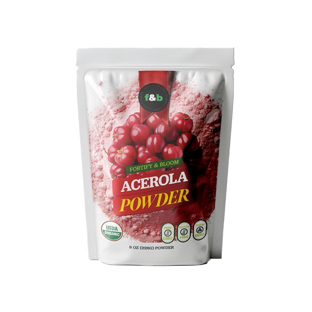 f&b superfoods Pure Organic Acerola Cherry Powder Freeze Gedroogd (8oz), Organic Vitamin C Powder for Immuun System Booster, Smoothie, Cherry Juice, Acerola Vitamine c Bulk Powder, Brazil Herkomst.