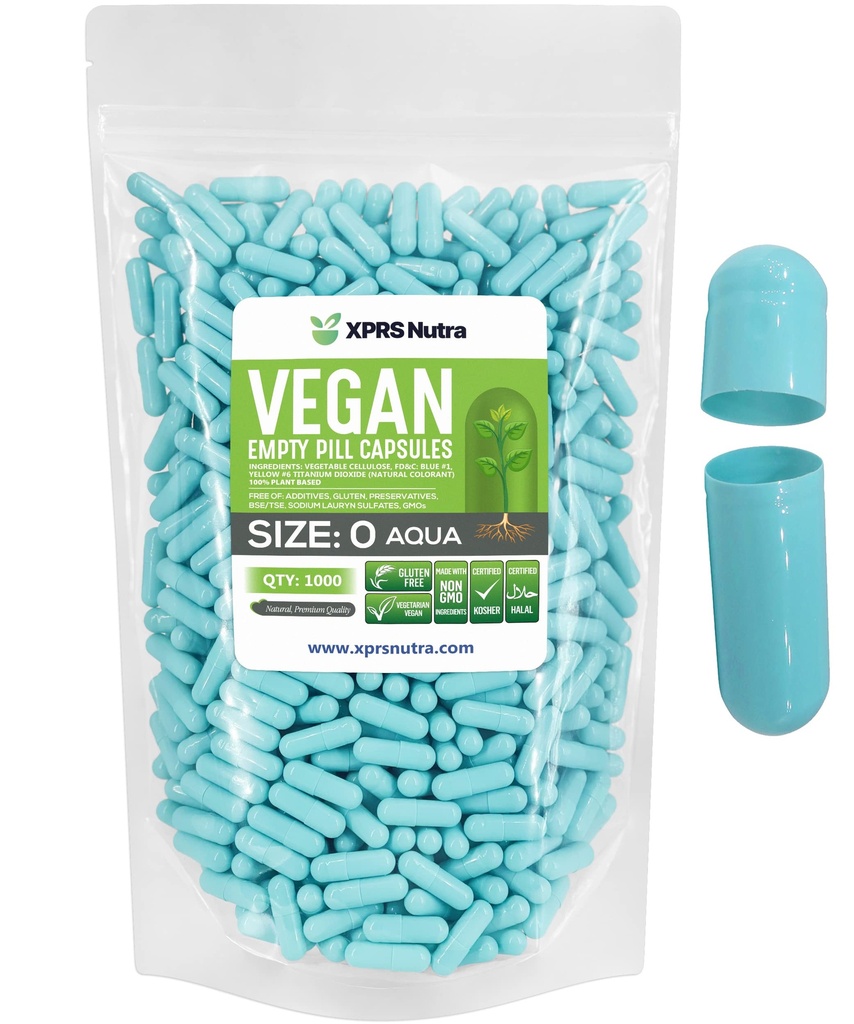 XPRS Nutra Taille 0 Capsules vides - 1000 Compte Capsules vides de végétaliens - Pilules végétariennes - Bricolage Gélule végétale Remplissage- Gel de pilules végétatives Caps pour Do-It-Youlf Suppléments (Aqua)