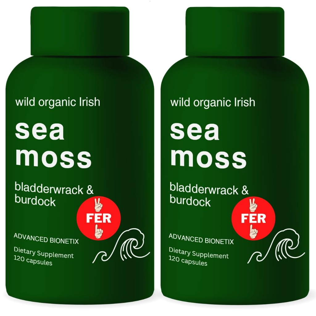Advanced Bionetix Organic Irish Sea Moss Capsules, Raw Wildcrafted Seamoss Enhanced w/Bladderwrack & Burdock Root Capsules 240 Total Pills Antioxidant Packed. Prebiotic Superfood, Thyroid Support