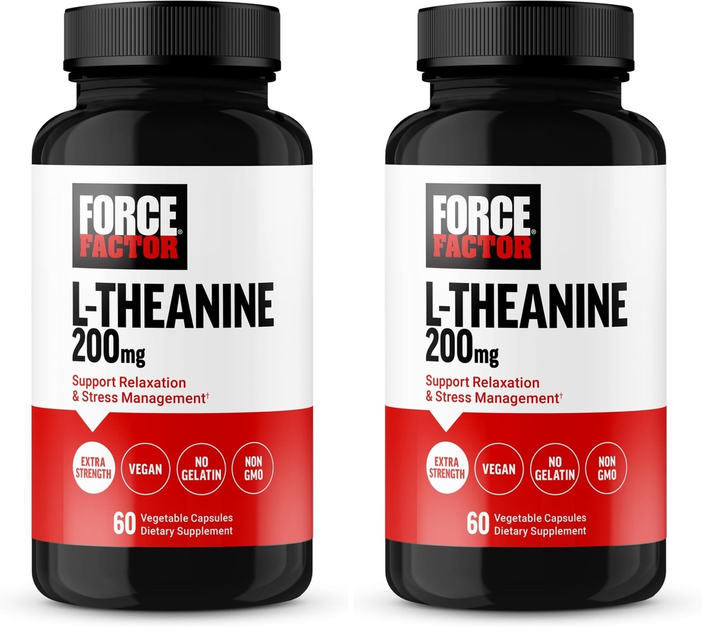 Force Factor L Theanine, Extra Strength L-TheanineSupplement for Stress Relief, and Supporting Calm and Relaxation, LTheanine 200mg Capsules, Vegan, Non-GMO, No Gelatin, 60 Count (Pack of 2)