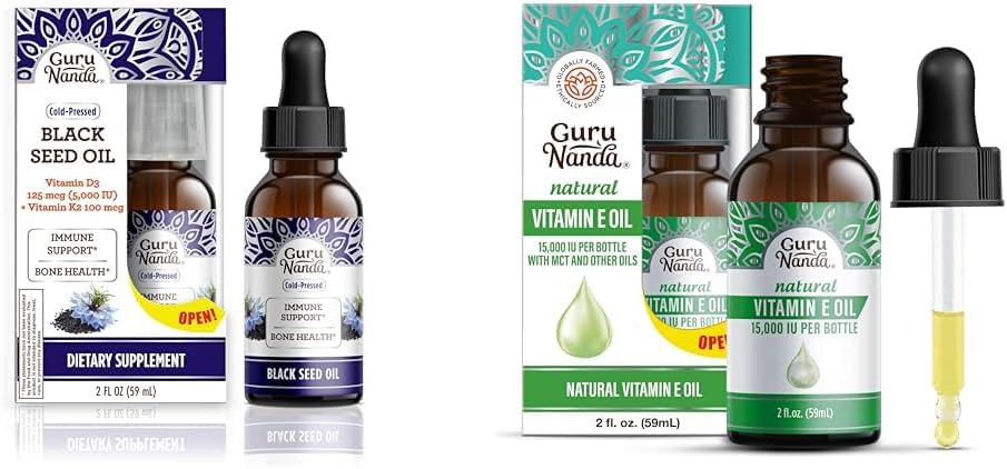 GuruNanda Black Seed Oil, Cold-Pressed Nigella Sativa - Rijk aan vitamine D3 5000 eenheden, K2 & E & vitamine E olie (2 Fl Oz) - 100% Pure & Natural, 15.000 IE per fles voor huid, haar, gezicht