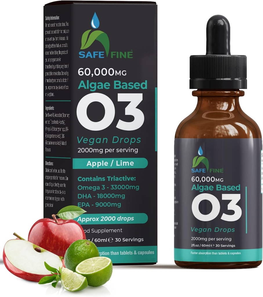 Omega 3 Liquid Vegan Drops - DHA & EPA from Algen Oil - 60 ml Dropper Bottle - 2000 mg per Serving - Ondersteunt de algehele lichaamswellness Supplement voor het hele gezin