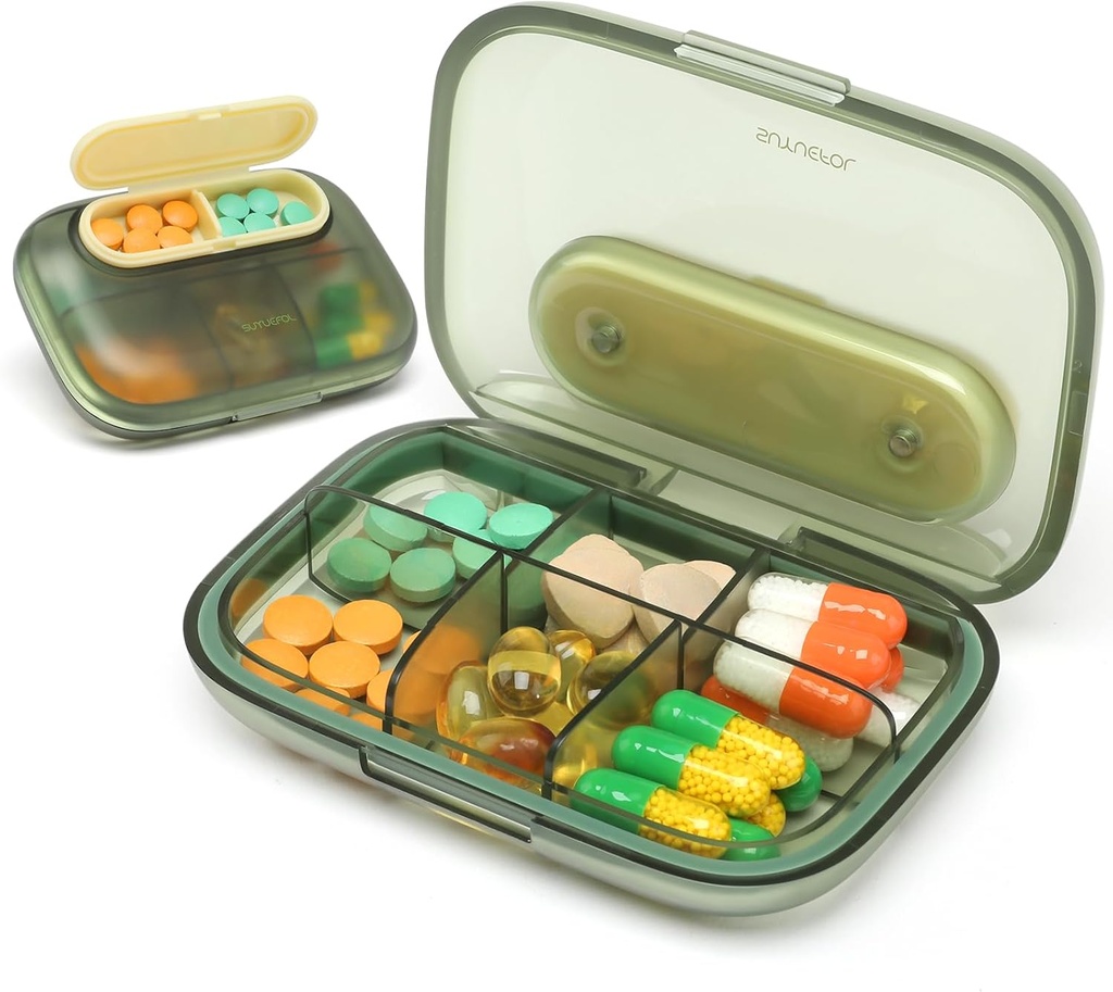 Toplive 6 Compartments Kleine pil Case Travel pil Organizer Pocket Medication Travel Case Portable Kleine pil Container met Magnet Light-Proof Mini Pill Box, Groen