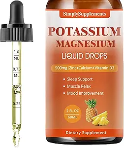 Kalium Magnesium Supplement - Kalium 99mg & 500mg Magnesium Glycinate Complex Liquid Drops with Calcium, Zink, Vitamine B6, D3 - Energy & Bone & Muscle Support - 2 Fl oz