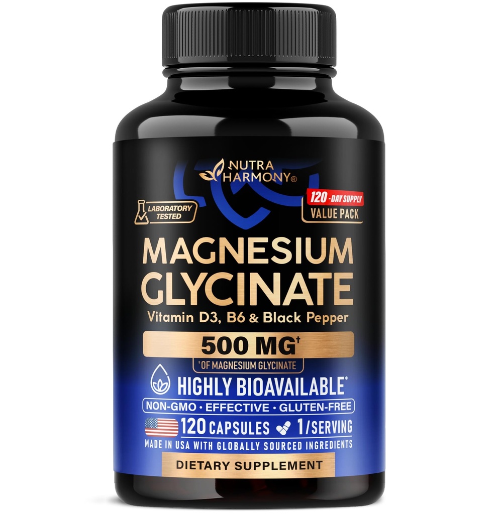Magnesium Glycinate 500mg - VIT. B6 & D3 - Sleep, Muscle & Heart - 120 Caps