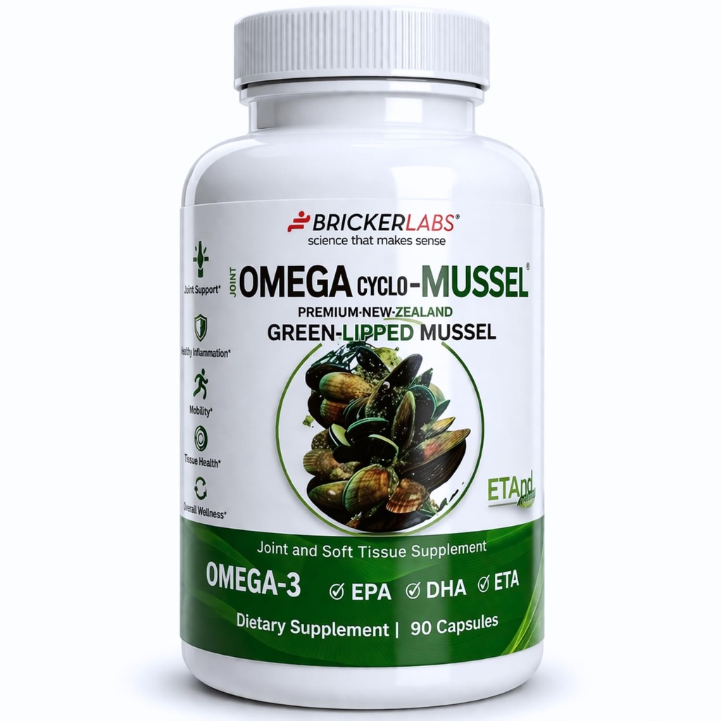 Bricker Labs Omega Cyclo - Supplément de santé mixte de moules, Mulette verte de prime Nouvelle-Zélande, Suppléments de santé mixte Omega de spectre complet, 90 capsules