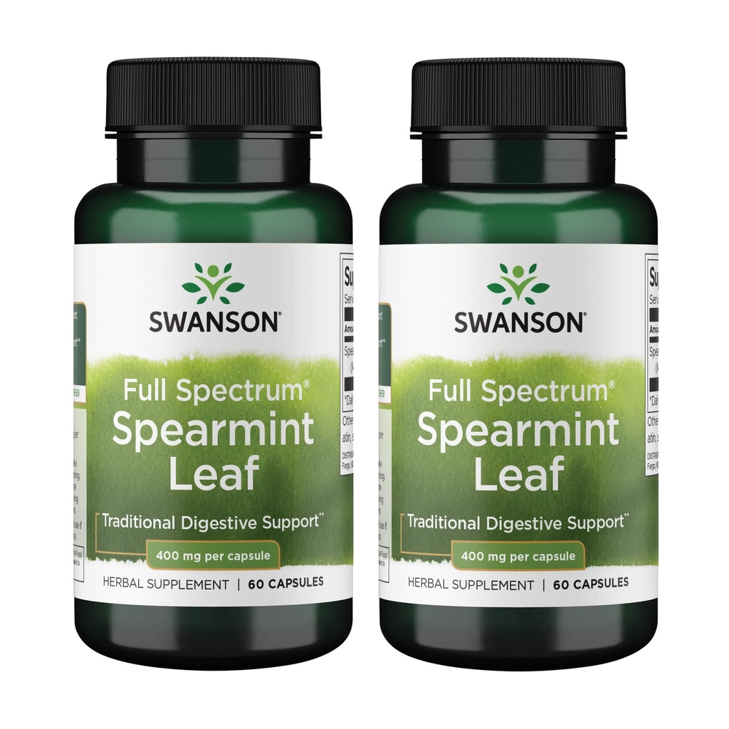 Swanson Spearmint Leaf (Mentha Spicata)-Volledig Spectrum Kruidensupplement ter ondersteuning van spijsverterings- en milde maagproblemen - (60 capsules, 400 mg elk) (2 verpakkingen)