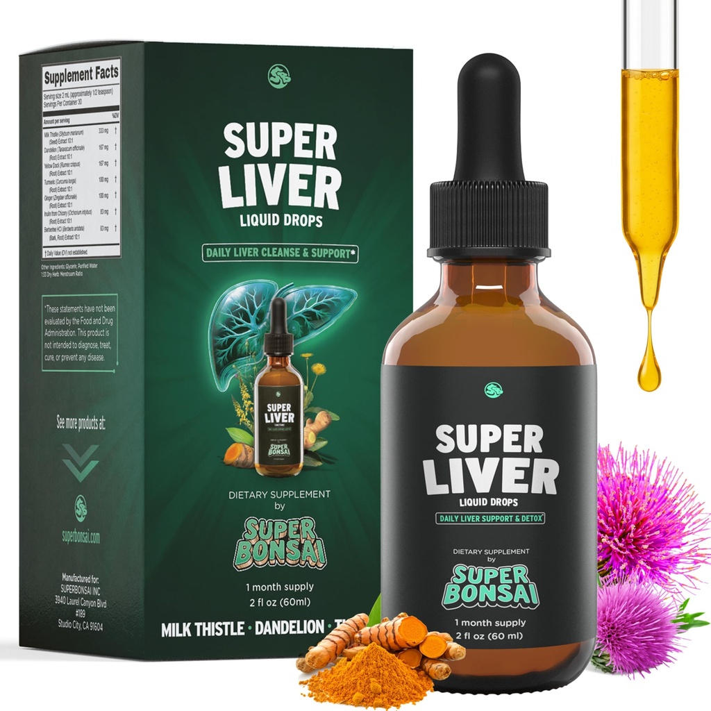 SuperBonsai Super Lever Ondersteuning met melkdistel - Alle natuurlijke leverreiniging Detox & Repair Aid - Doctor-geformuleerd leversupplement - vloeibare kruidensupplementen voor de gezondheid van de lever - 1 maand levering