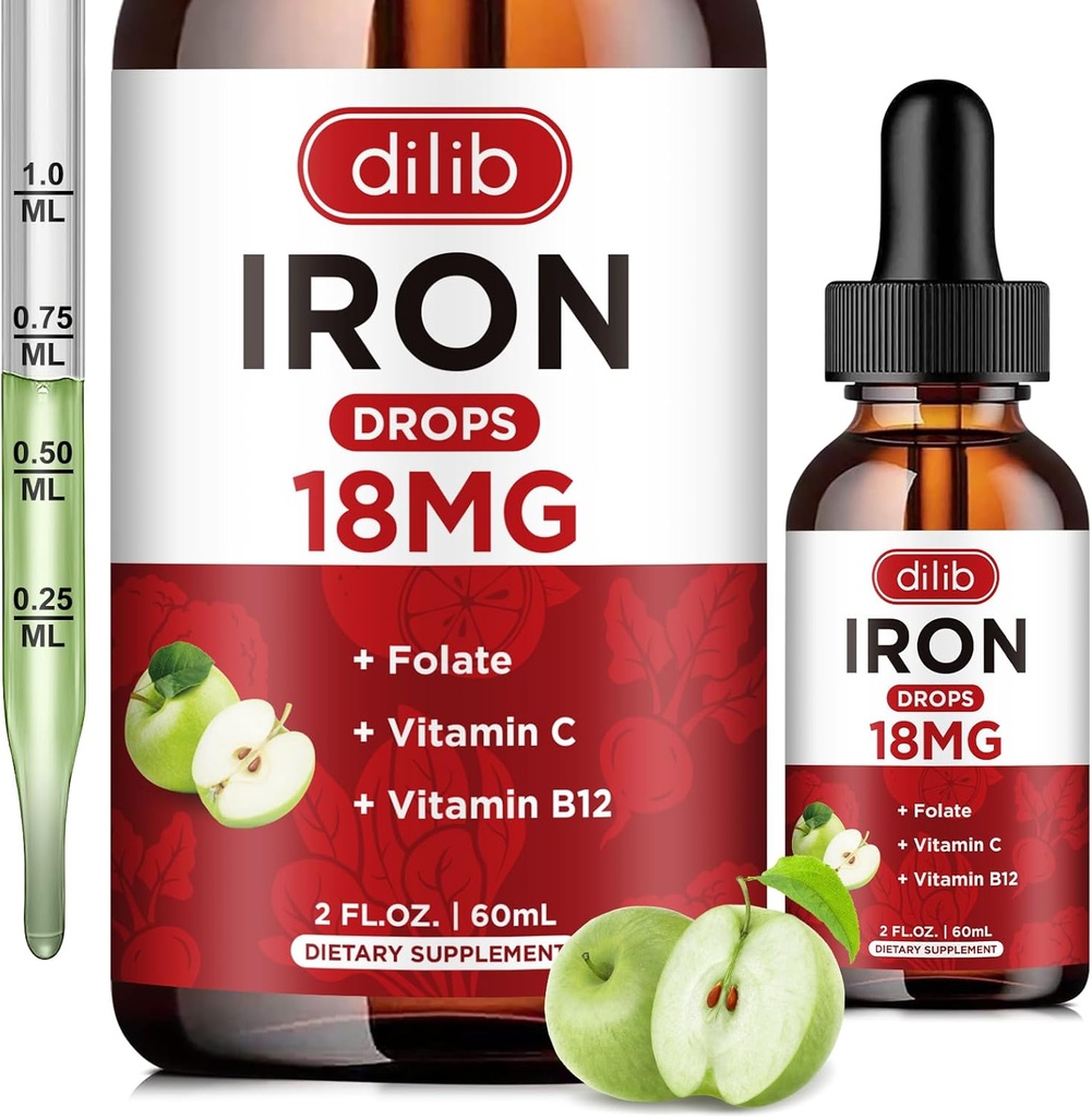 Liquid Iron Supplement voor vrouwen en mannen ijzer druppels ijzer supplementen voor bloedarmoede met folaat, vitamine C, B12 voor rode bloedcel ondersteuning-groene appel smaak, 2 Fl Oz