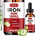 Liquid Iron Supplement voor vrouwen en mannen ijzer druppels ijzer supplementen voor bloedarmoede met folaat, vitamine C, B12 voor rode bloedcel ondersteuning-groene appel smaak, 2 Fl Oz