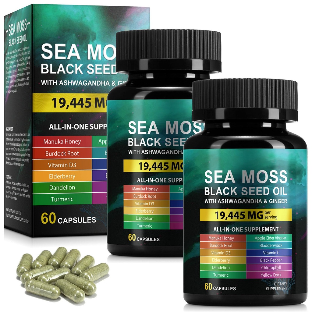 Sea Moss Black Seed Oil with Ashwagandha & Ginger, Turmeric Burdock Root Bladderwrack & Vitamin C, Vitamin D3, Sea Moss Capsule Supplement for Immunity & Energy, Skin, Hair (120 Capsules)