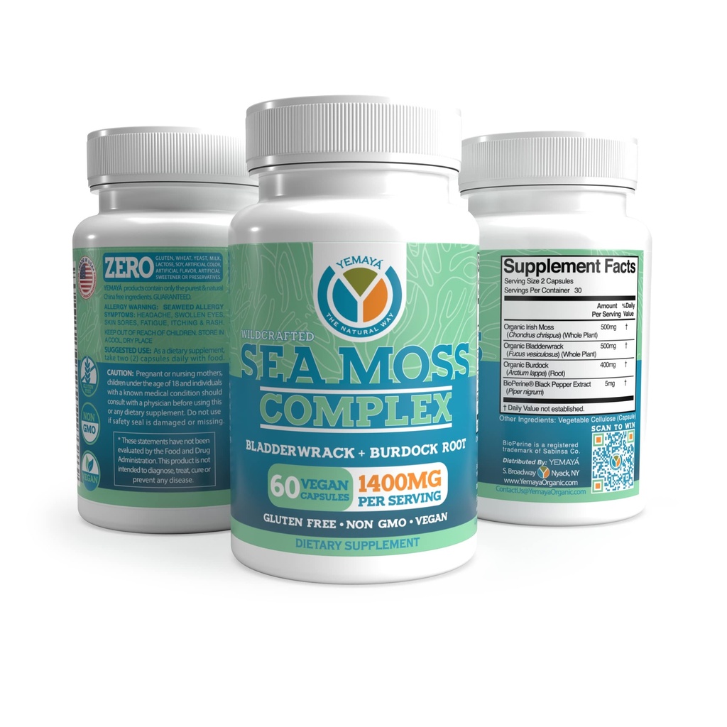 Yemayá Organic Sea Moss Capsules, Bladderwrack, Burdock Root Complex | Sea Moss Capsules Organic Formula With Bladderwrack & Burdock Root - Skin, Thyroid & Digestion Support - 60 Pcs