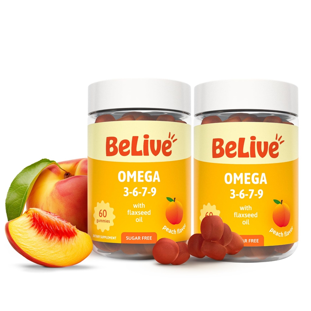 BeLive Biologische Omega 3 Gummies - Omega 3 6 9 7 DHA & EPA van Vlaszaadolie & Sea Buckthorn Fruitolie, Veganistisch, voor kinderen & volwassenen, Full Body, Brain & Eye Support, Sugar Free 