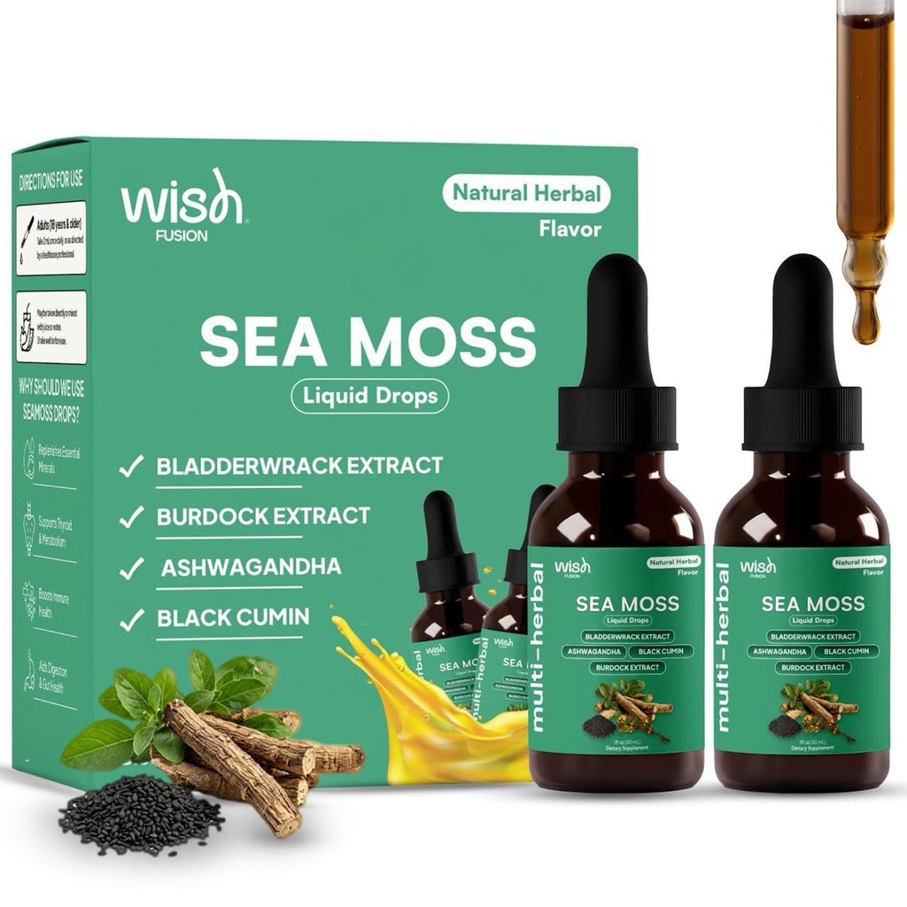 Sea Moss Liquid Drops Organic Irish Sea Moss with Ashwagandha Bladderwrack & Burdock Root, Liquid Sea Moss Supplement for Immune Support & Energy, Natural Flavor 30mL 2-Pack Women Men