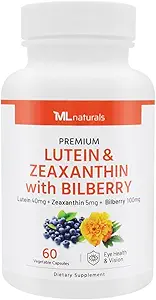 ML Naturals Premium Lutein & Zeaxanthin avec Bilberry 60 capsules végétales. Lutéine 40 mg, Zeaxanthin 5 mg et Bilberry 100 mg. Qualité premium. Des yeux et une vision sains, certifiés NSF et conformes aux GMPc