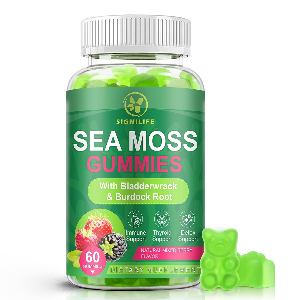 Organic Sea Moss Gummies, Natural Irish Sea Moss with Bladderwrack,Burdock Root,Black Cumin Seed for Immune, Thyroid and Detox Support, Gluten-Free, Vegan - 60 Gummies