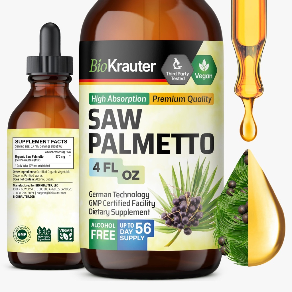 Extrait de Palmetto de scie BIO KRAUTER - Palmetto de scie végétalienne pour hommes et femmes - Soutien urinaire - Sans alcool et sans sucre - 4 Fl.Oz.