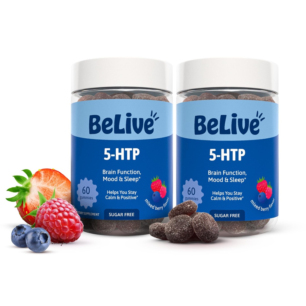BeLive 5-HTP Gummies – 2 Pack - 120 Ct I 5HTP Gummies calmantes pour la mise au point, la relaxation et le repos augmentés pour les adultes