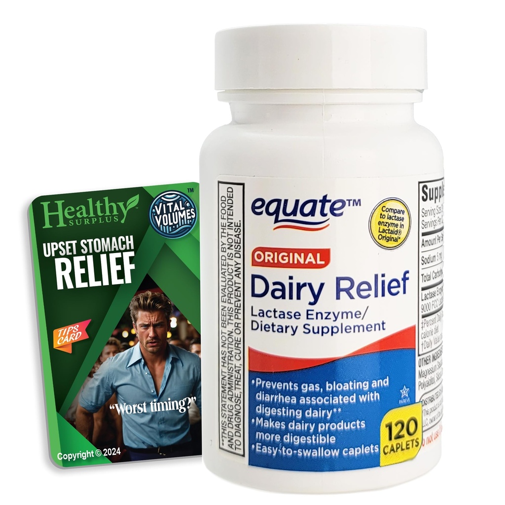 Equate Dairy Relief Lactase Enyzme - 120 Caplets and Vital Volumes Upset Stomach Tips Card Bundle