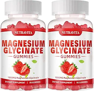 Magnésium Glycinat Gommies 1000mg avec L-Thréonate, supplément de complexe de potassium de magnésium chélaté avec VitD, B6, CoQ10, Calcium, Supports pour la mémoire, Calme, Mood - 180 Gommies Fraise
