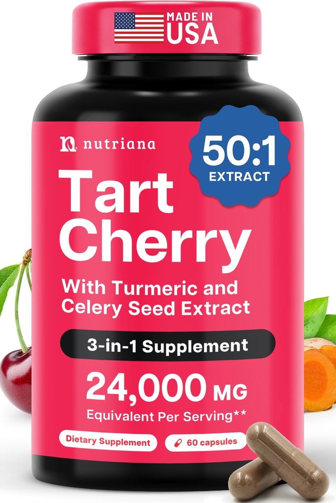 3 in 1 Tart Cherry Extract Capsules met Kurkuma & Selderij Zaad voor voeten en gezamenlijke ondersteuning Uric Acid Flush Cleanse & Purge Pillen, 60 Veggie Capsules geproduceerd in de VS