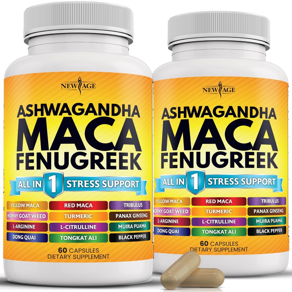 NEW AGE Ashwagandha Maca Root Fenugreek Supplement with Tongkat Ali Ginseng - Support Health - Made in USA - 120 Count