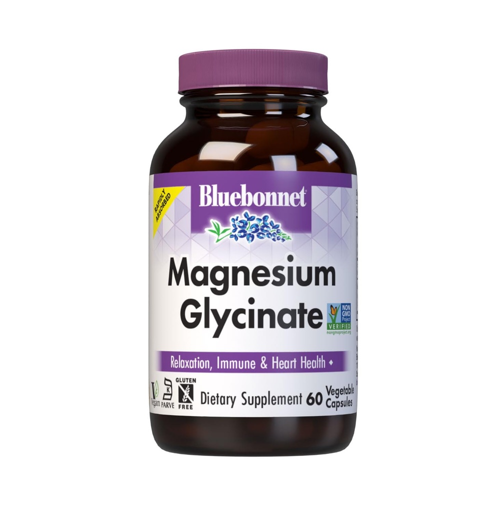 Bluebonnet Magnesium Glycinate, Energy Production*, Enzyme Function*, Non-GMO Certified by NSF, Vegan, Kosher Certified, Gluten-Free, Soy-Free, Dairy-Free, 60 Vegetable Capsules, 15 Servings