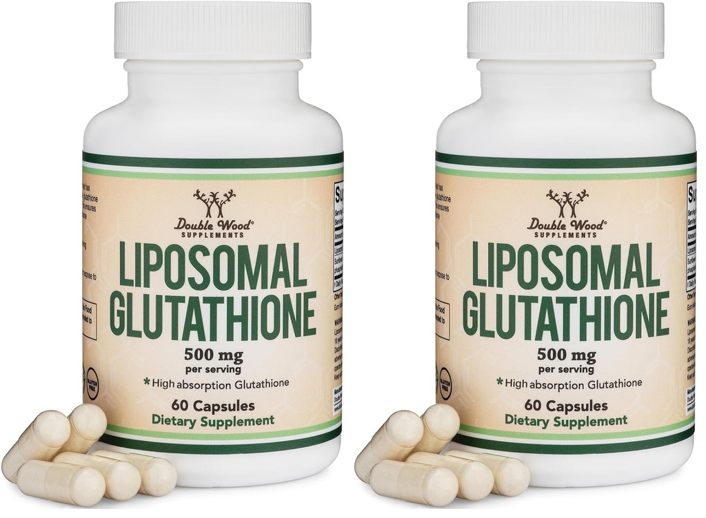 Liposomal Glutathione Supplement 500mg per Serving, 60 Capsules (Vegan Safe, Non-GMO) Max Absorption Liposomal Glutathione with Genuine Smell and Taste by Double Wood (Pack of 2)