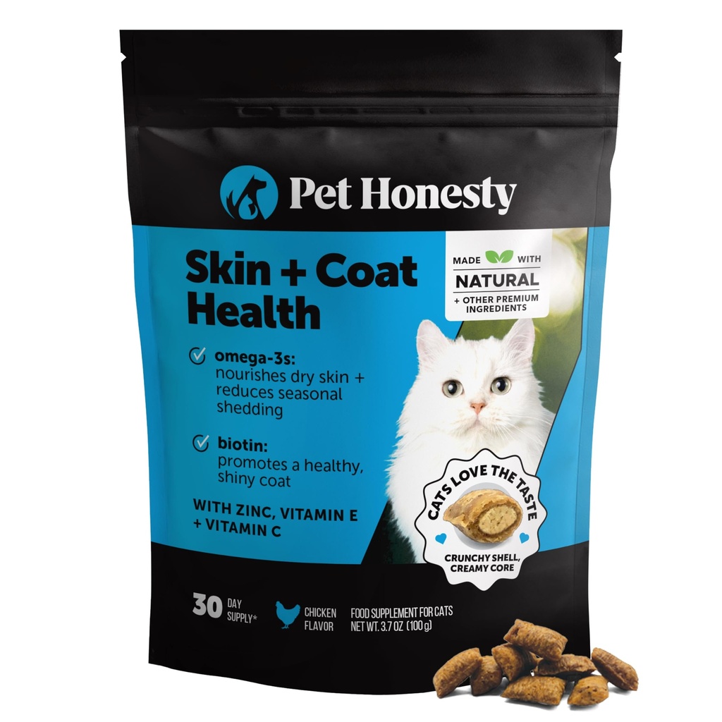Cat Skin & Coat Health Crunchy & Crèmy Kauwen - Omega's, Vitamine C + E, Biotine Supplement, kalmeert huid en bevordert glanzende jas, kattensupplementen en vitamines - Kip (30 dagen levering)
