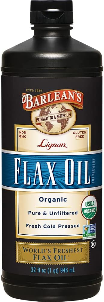 Barleans biologische Lignan Omega 3 Vlaszaad Olie Liquid Supplement voor mannen en vrouwen, koude pers Vlas Zaden, 7230mg ALA vetzuur, Veganistisch en Glutenvrij, 32 oz